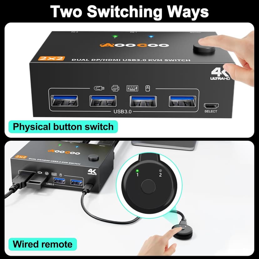 HDMI Displayport KVM Switch 2 Monitors 2 PC 4K@60Hz/2K@120Hz KVM Switches with USB 3.0 Port,Wired Remote and USB3.0 Cables Included