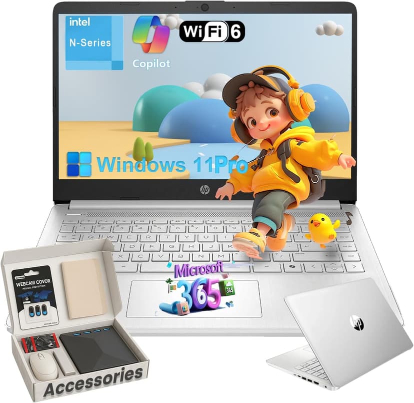 HP Student Business Laptop Computer - w/Microsoft Office Lifetime & External DVD Drive • 16GB RAM • 128GB UFS & 256GB Extend Micro SD • Intel 4-Core Processor • HD Display • Win11 Pro(Silver)