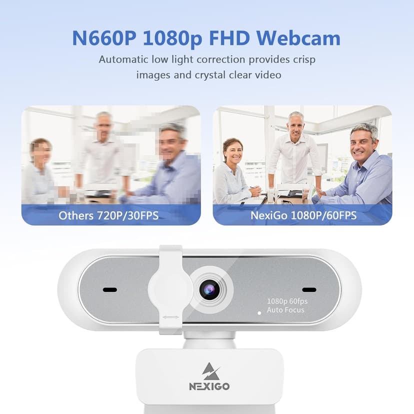 NexiGo N660P (Gen 2) 1080P 60FPS Webcam with Software Control, Dual Microphone & Cover, Autofocus, HD USB Computer Web Camera, for OBS/Zoom/Skype/FaceTime/Teams/Twitch, White