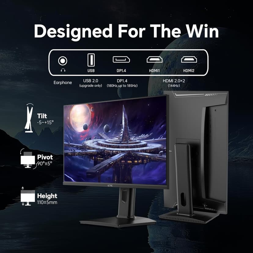 24 inch Gaming Monitor QHD 180Hz, Fast IPS 1440p Computer Monitor, Up to 185Hz, 1ms, G-Sync/FreeSync, HDR400, Height Adjustable, 2 x HDMI, 1 x DP H24T7