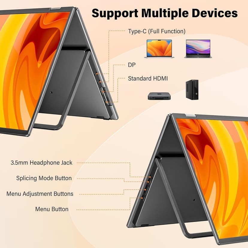 InnoView 18" 2K 100Hz Portable Monitor 100% DCI-P3 Portable Dual Monitor for Laptop 315°Adjustable Screen Extender for Windows Mac with Type-C HDMI DP Foldable Monitors Portatil(No Driver Needed)