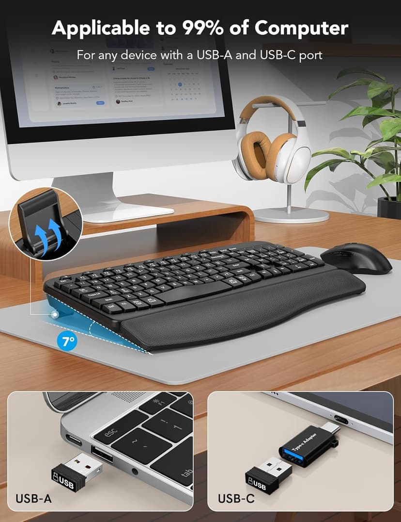 Wireless Keyboard and Mouse Combo, Ergonomic Wave Keys, Cushioned Plam Rest, Comfortable Silent Natural Typing, 2.4G Lag-Free, Full Size Keyboards Cordless Set for Multi-OS, Windows/Mac -SABLUTE