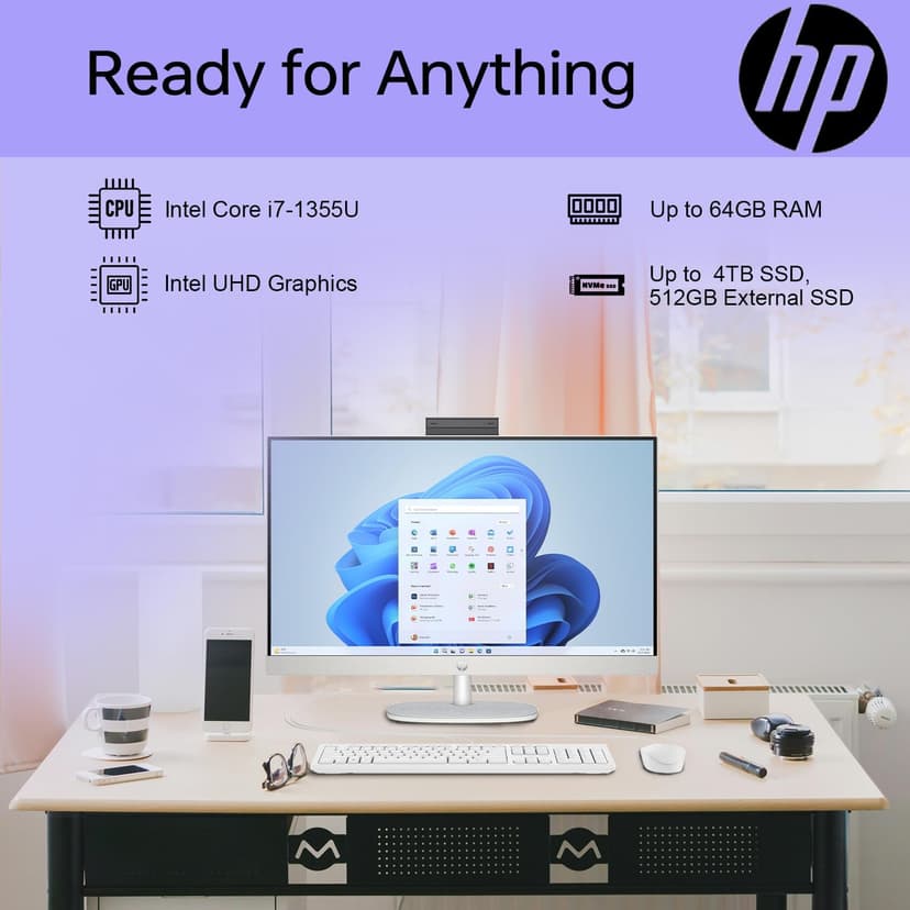 HP 27 i7 Business All in One Desktop, 27" FHD, Intel i7-1355U, 64GB RAM, 2TB SSD, Wired Keyboard & Mouse, IR Camera, HDMI, Wi-Fi 6, Windows 11 Pro, White with ADATA 512 External SSD Bundle