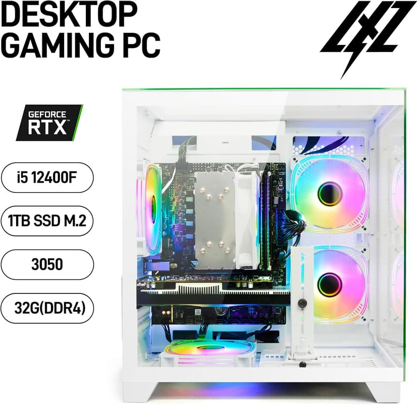 LXZ Gaming PC Desktop 12th I5-12400F, 6 core 2.5GHz Desktop Computer, GeForce RTX 3050, 32G DDR4 RAM, 1TB NVME SSD, Prebuilt Tower Computer for Gaming, Home and Office (White)
