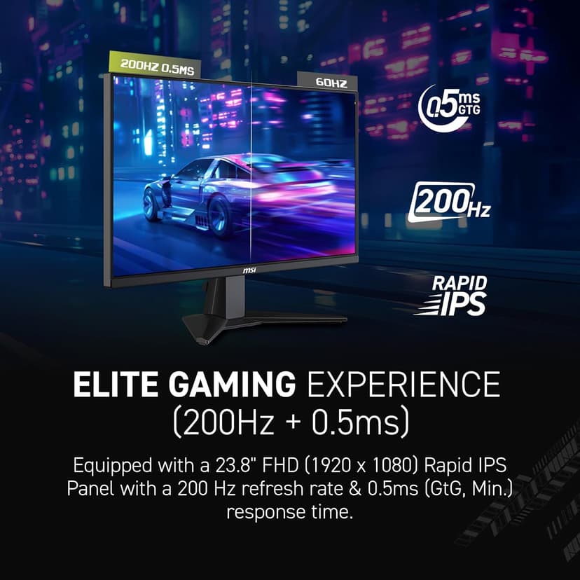 msi MAG 242F 24-inch 1920 x 1080 (FHD) Gaming Monitor, 200Hz, Adaptive-Synch, HDMI, DisplayPort, VESA Mountable, Tilt, Height Adjustable, Speaker, 0.5ms, Black