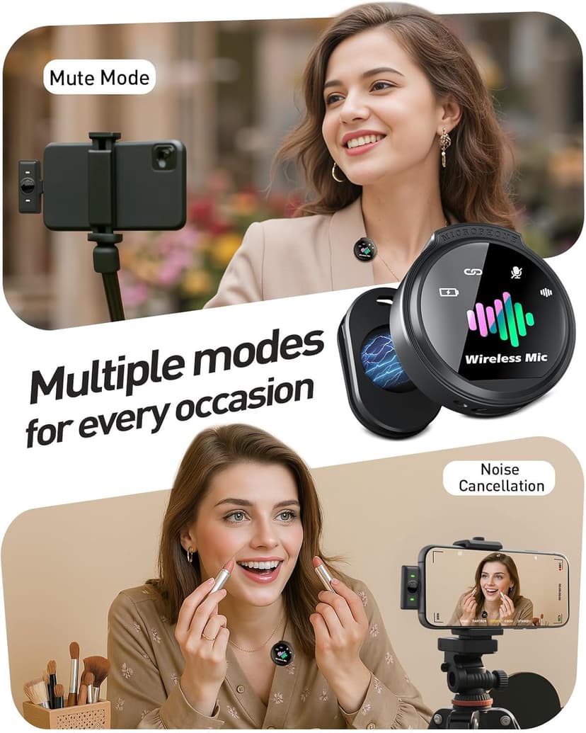 Wireless Lavalier Microphone for iPhone: Mini Wireless Microphones for Android Equipment - Noise Reduction Lapel Mic for Professional Recording - 80h Battery Life - 48KHz Studio Sound