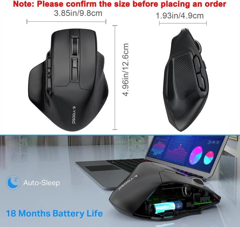 E-YOOSO Large Wireless Mouse for Big Hands, X-31 Cordless Ergo Computer Mouse, 6 Buttons, 5-Level 4800 DPI, 18 Months Battery Life, for Laptop, PC, Chromebook (Black)