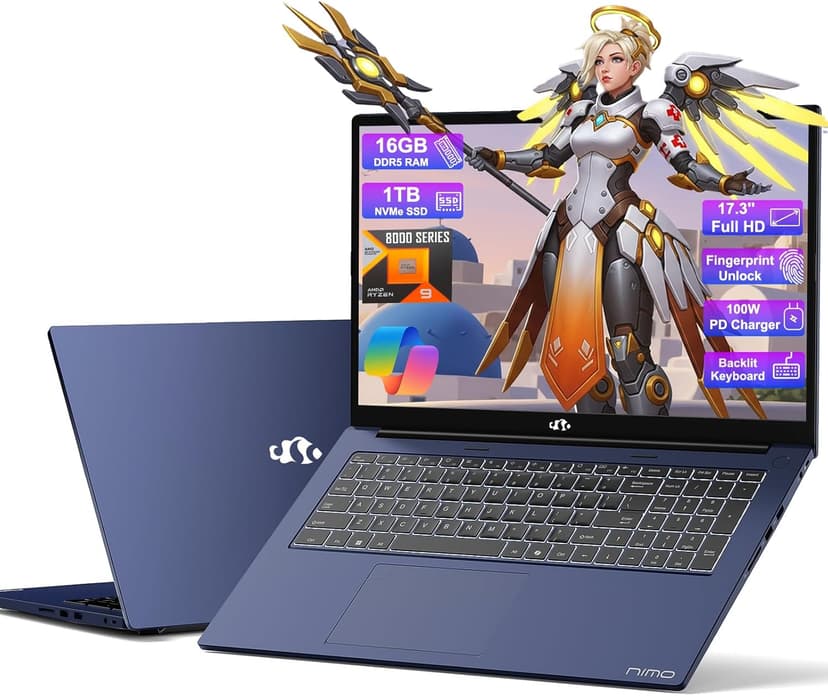 NIMO 17.3 Gaming-Laptop Ryzen 9 8945HS (>i9-13900H) 16GB RAM, 1TB SSD, Radeon 780M, PD 100W USB-C 4.0 AI-Enhanced for Copilot VR Ready, Backlit KB Fingerprint Unlock, Gaming Student Office Business