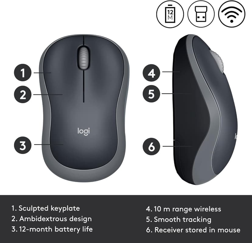 Logitech M185 Wireless Mouse, 2.4GHz with USB Mini Receiver, 12-Month Battery Life, 1000 DPI Optical Tracking, Ambidextrous PC/Mac/Laptop - Swift Grey
