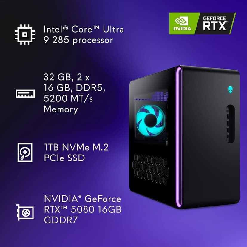 Alienware Aurora Gaming Desktop ACT1250 - Intel Core Ultra 9 285 Processor, Liquid Cooled, NVIDIA GeForce RTX 5080, 32GB DDR5 RAM, 1TB SSD, 1000W Platinum Rated PSU, Win 11 Home - Clear Panel