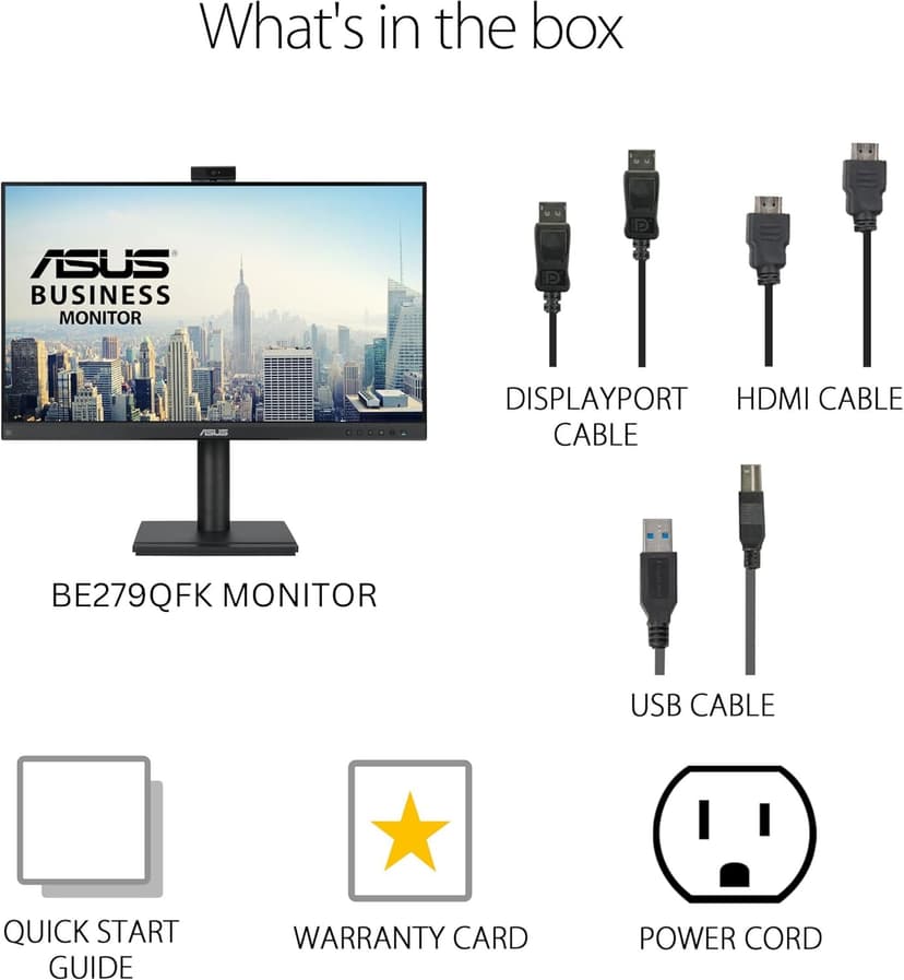 ASUS 27” 1080P Video Conferencing Monitor (BE279QFK) - Full HD, IPS, 100Hz, Frameless, Built-in Webcam, Mic Array, Speaker, Height Adjustable, Ergonomic Design, Eye Care, Wall Mountable, 3 yr warranty