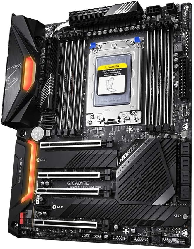 GIGABYTE TRX40 AORUS PRO WIFI (sTRX/AMD/TRX40/Fins-Array Heatsink/12+2 Phases Infineon Digital VRM/3x PCIe 4.0x4 M.2/Intel WiFi 6/Intel GbE LAN/ATX/Motherboard)