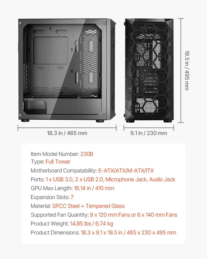 VEVOR PC Gaming Case, Full-Tower, Computer Case with High-Airflow Panel, Magnetic Dust Filter, 3 x 140mm PWM Fans, Cable Management, for GPU up to 410mm in Length, Compatible with E-ATX/ATX/ITX