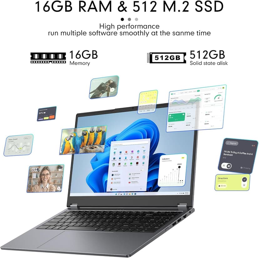 EYY 2 in 1 Laptop Computer, 15.6" 16GB DDR4 512GB SSD Touchscreen Notebook, AMD Ryzen R3 3200U(Up to 3.5 GHz), Radeon Vega 3, 1920x1080 FHD Display, Windows 11 Pro, Wifi, BT5.1 RJ45, Blacklit Keyboard