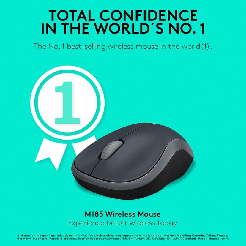 Logitech M185 Wireless Mouse, 2.4GHz with USB Mini Receiver, 12-Month Battery Life, 1000 DPI Optical Tracking, Ambidextrous PC/Mac/Laptop - Swift Grey