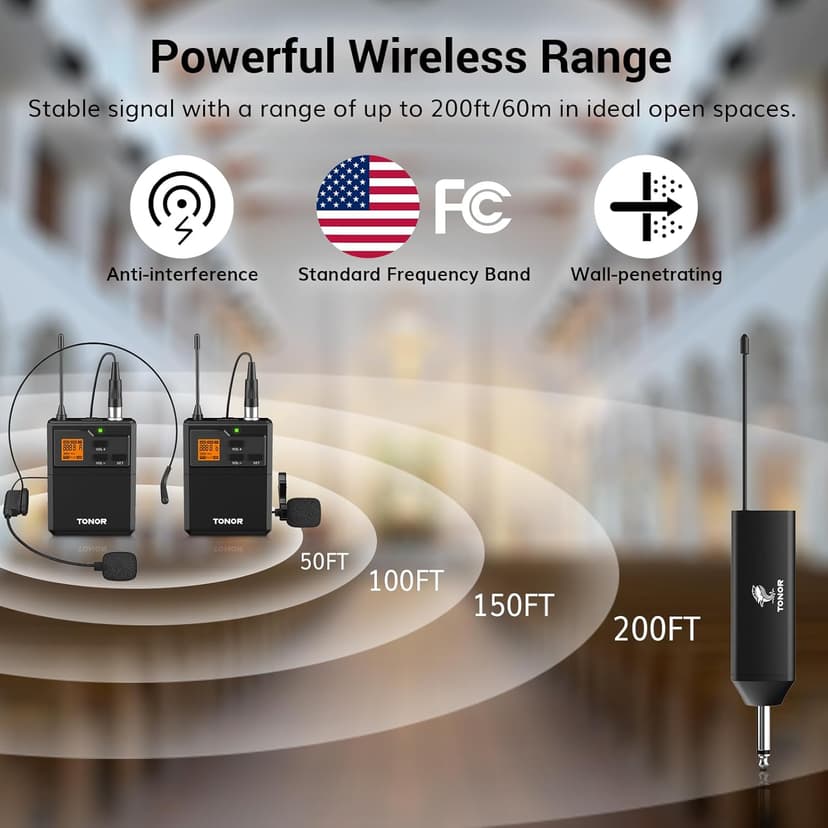 TONOR UHF Wireless Microphone System with Dual Headset Microphones/Lavalier Lapel Mics, Bodypack Transmitters, Mini Rechargeable Receiver, 2x15 Channels 200ft Range, for Recording Speech PA Speaker