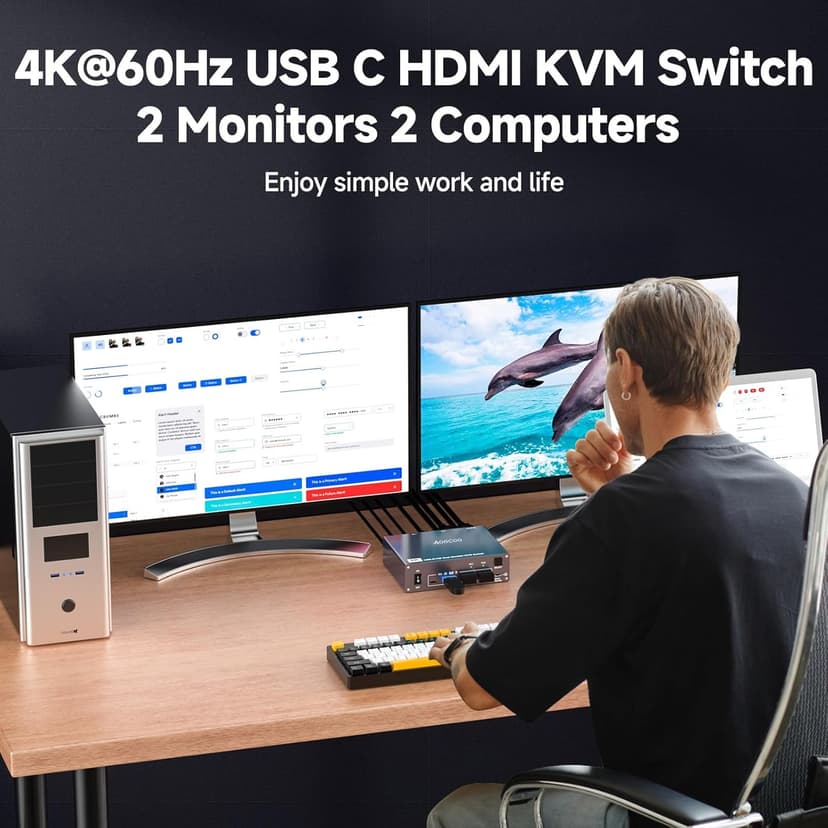 USB C KVM Switch 4K@60Hz,Dual Monitor USB C HDMI KVM Switch for 1 PC and 1 Laptop Sharing 2 Monitor and 4 USB3.0 Devices, PD Power for Laptop with Wired Remote Control and USB Cables Included