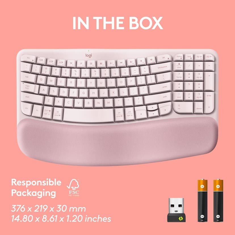 Logitech Wave Keys Wireless Ergonomic Keyboard with Cushioned Palm Rest, Comfortable Natural Typing, Easy-Switch, Bluetooth, Logi Bolt Receiver, for Multi-OS, Windows/Mac - Rose