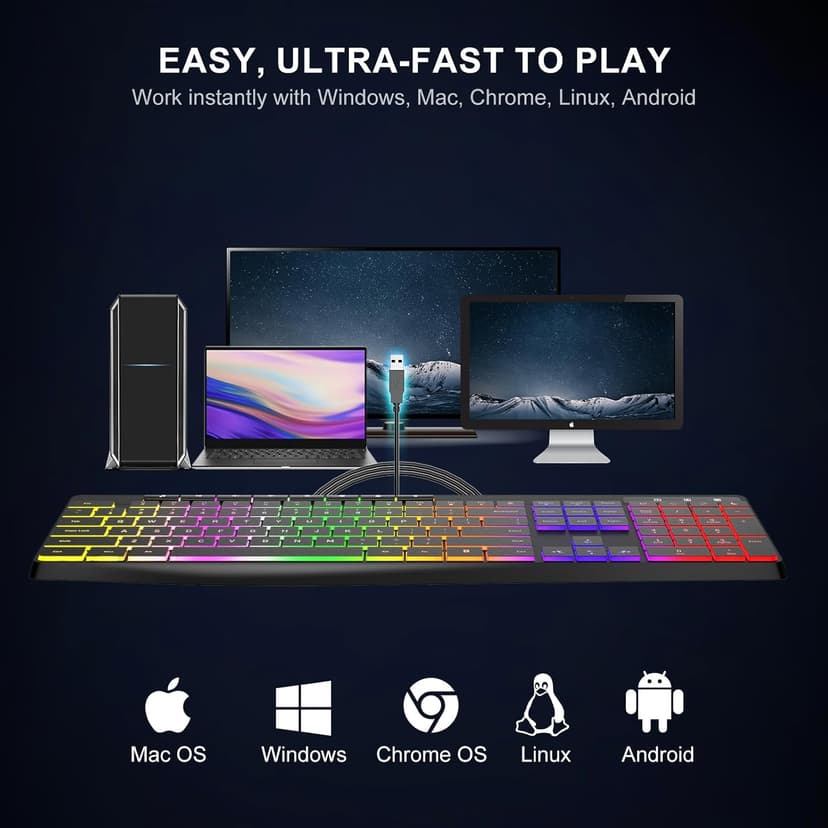 Computer Keyboard Wired,7-Color Rainbow LED Backlit, Quiet Light Up Keyboard with Multimedia Keys,Low Profile Chiclet Keys,Large Number Pad,Spill-Resistant, Anti-Wear Letters for Windows Mac PC Laptop