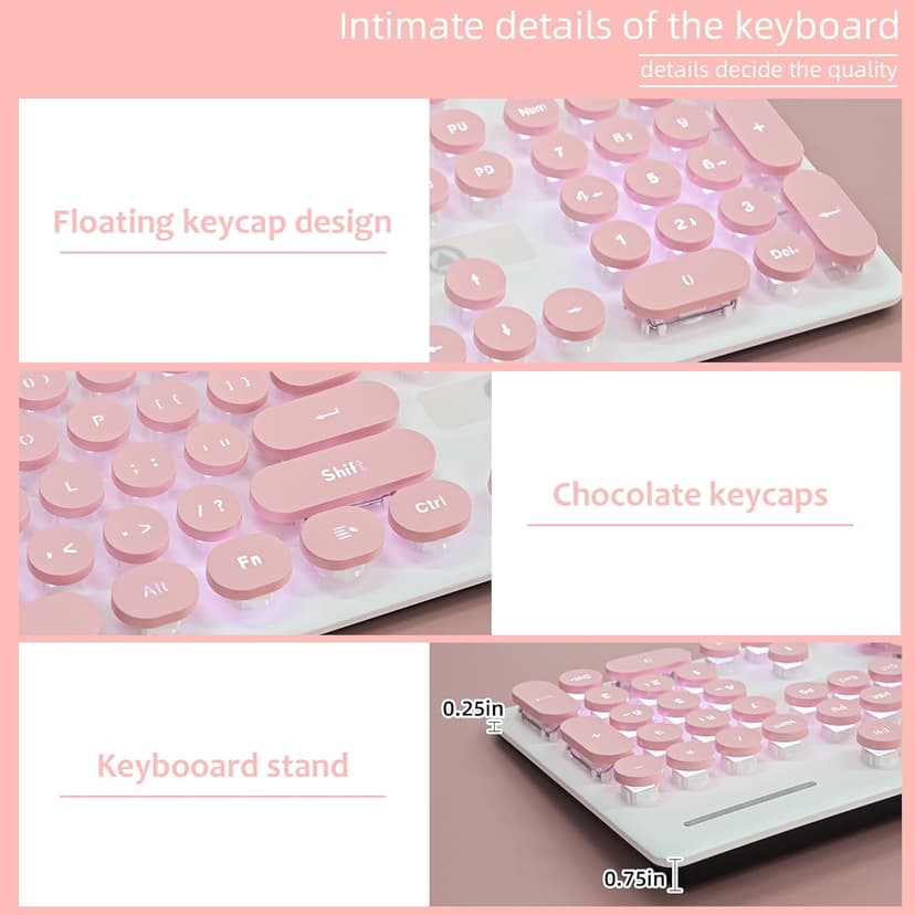 Wired Quiet Membrane Keyboard,Full Size 104-Keys Retro Punk Typewriter White LED Backlit ，USB Ultra Slim Gaming Keyboard with ABS Round keycaps for Windows/PC/Laptop (Pink)