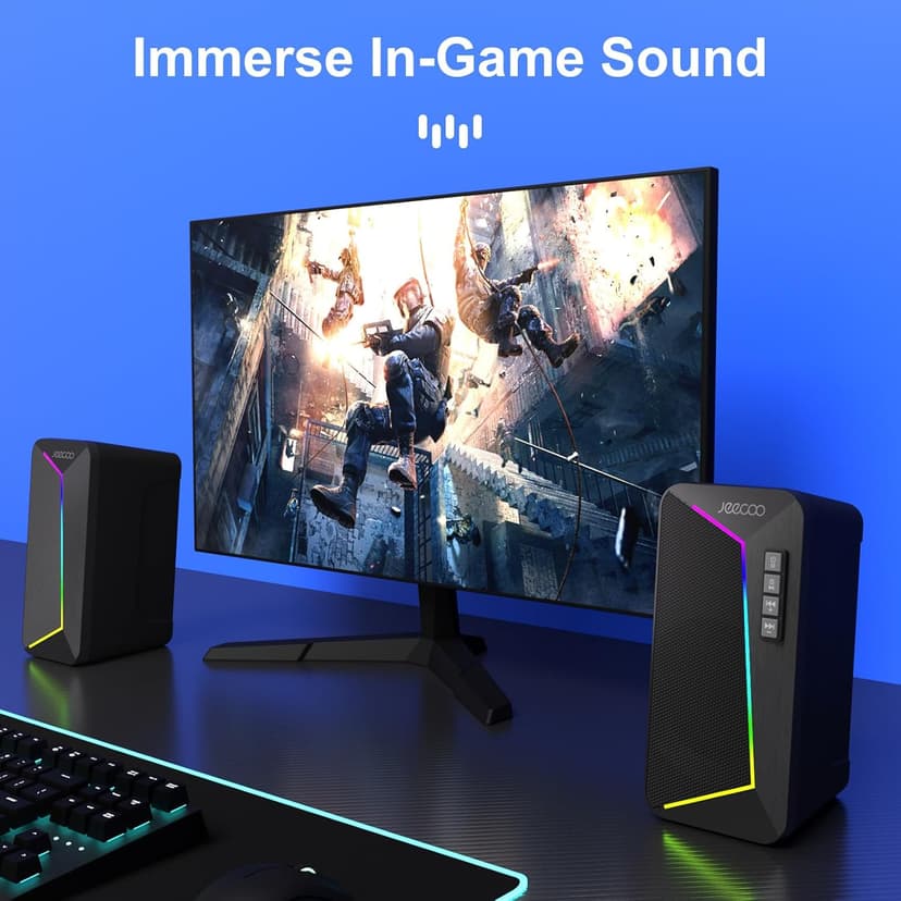 Jeecoo M30 Bluetooth Computer Speakers, PC Gaming Speakers for Desktop with Crisp Stereo Sound, Dynamic LED Modes, Easy-Access Control, 10W - USB-Powered