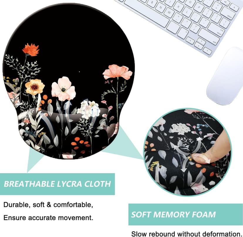 Mouse Pad with Wrist Support, Ergonomic Mouse Pad with Memory Foam Wrist Rest Cushion, Non-Slip Rubber Base Gaming Mice Pad for Home Office Computer Laptop, Flower Black