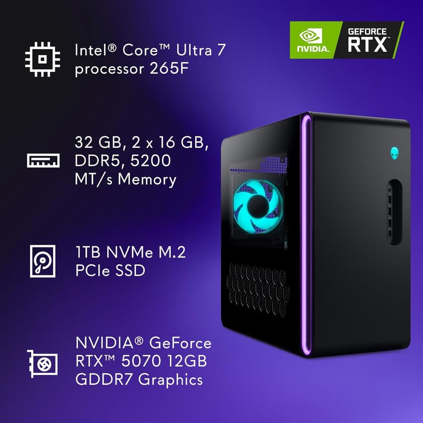 Alienware Aurora Gaming Desktop ACT1250 - Intel Core Ultra 7 265F, 32GB DDR5 RAM, 1TB SSD, NVIDIA GeForce RTX 5070, 1000W Platinum Rated PSU, Windows 11 Home, Clear Panel - Black