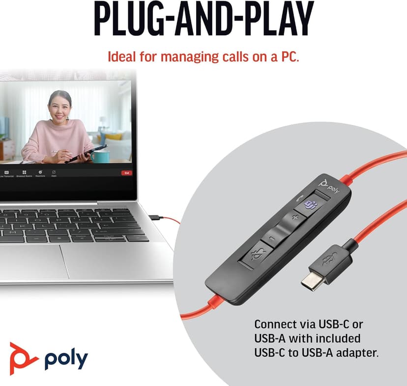 Poly Blackwire 3320 Wired Headset (Plantronics)– Flexible Microphone Boom – Hi-fi Stereo - Connect to PC/Mac via USB-C or USB-A - Certified for Microsoft Teams - Amazon Exclusive