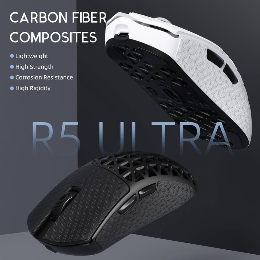 R5Ultra 8K Carbon Fiber Wireless Gaming Mouse with 42,000 DPI -PAW3950 MAX Sensor -Nordic 52840 MCU Chip-39g Ultra-Lightweight -Wired/BT/2.4GHz Wireless Programmable Mice Griptape for PC/Mac(White)