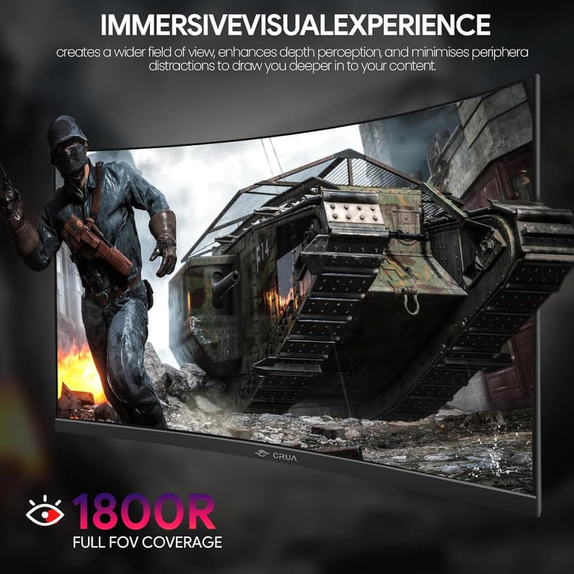 CRUA 27" Curved Gaming Monitor, FHD 1920x1080P, 144Hz/180Hz Computer Monitor, 1800R VA Screen, 120% sRGB, AMD FreeSync, HDMI & DP, Wall Mount Install- Black