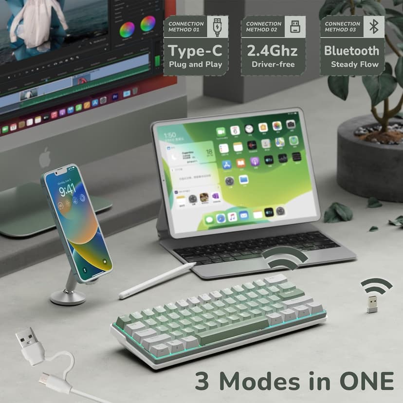 RK ROYAL KLUDGE RK61 Plus Wireless Gaming Keyboard, 60 Percent Mechanical Keyboard with Bluetooth/2.4Ghz/USB Wired, RGB Custom Keyboards for Win/Mac, PC Game, Hot Swappable Silent Linear Switch, Green
