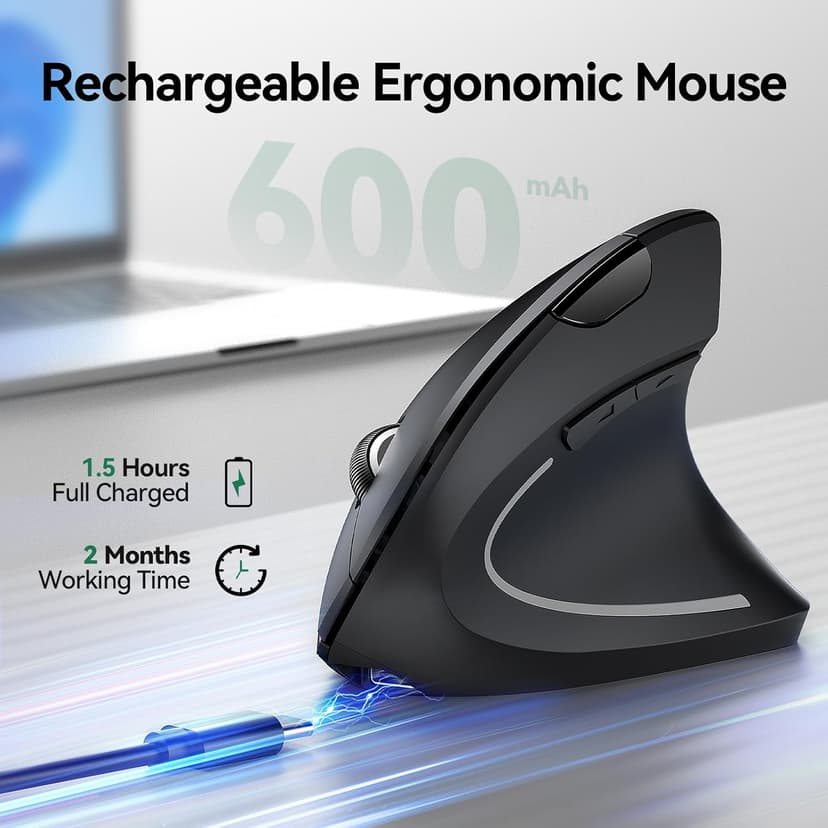 TECKNET Ergonomic Mouse, Rechargeable Vertical Ergo Mouse Wireless 800-4800 Levels 5 Adjustable DPI, Silent 2.4GHz Optical Carpal Tunnel Mouse for Right Hand, USB Wireless Mice for Laptop, PC