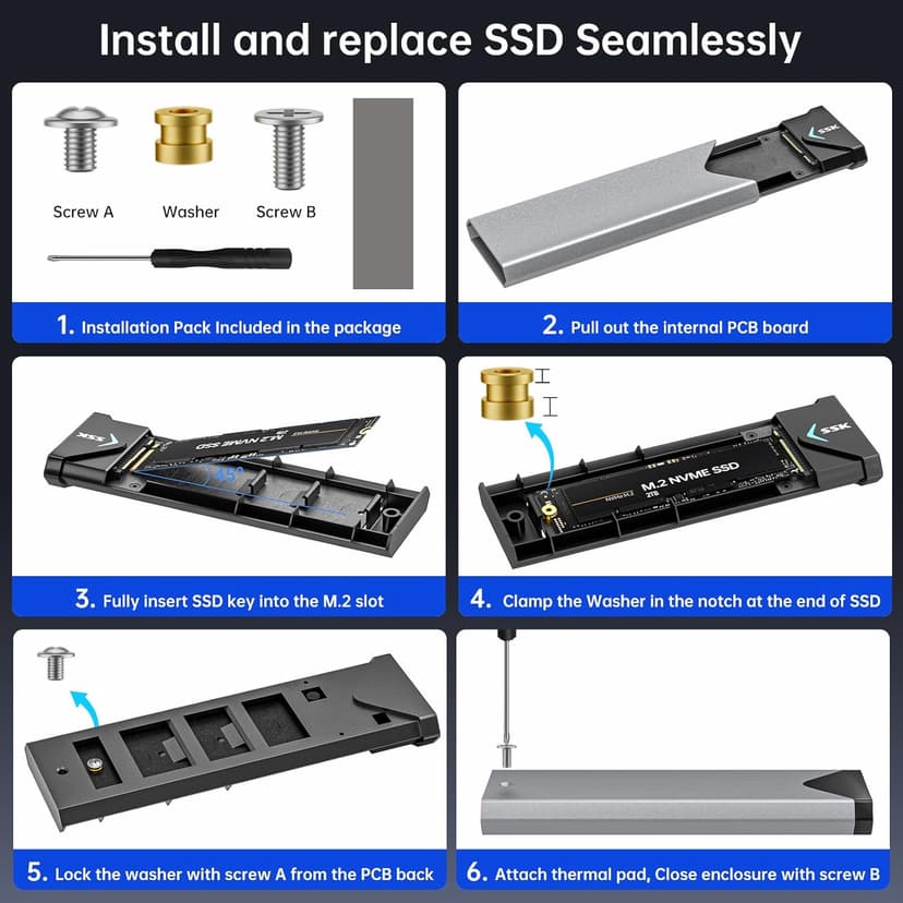 SSK M.2 NVME SATA SSD Enclosure Adapter, USB 3.2 Gen 2 (10 Gbps) to NVME PCI-E SATA M-Key/(B+M) Key Solid State Drive External Enclosure Aluminum Support UASP Trim for SSDs 2242/2260/2280