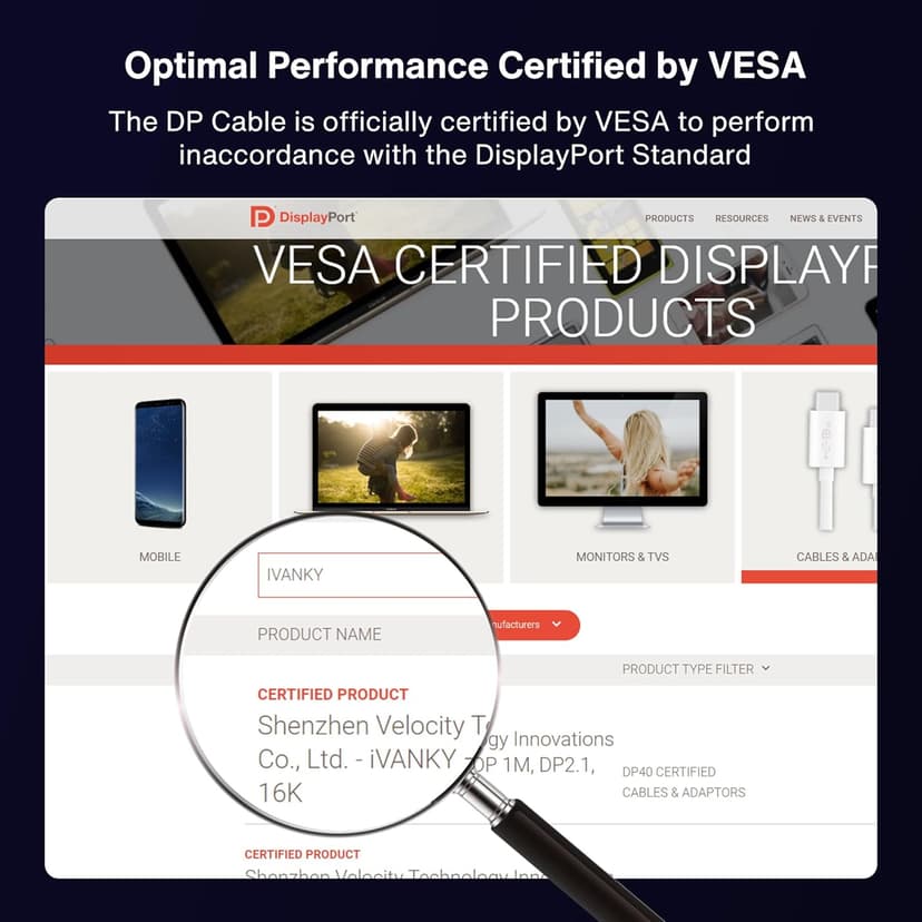 IVANKY 16K VESA Certified Displayport Cable 2.1, DP Cord [16K@60Hz,8K@120Hz,4K@240Hz], 80Gbps Display Port 2.1/2.0 Cable Support HDR10,HDCP,DSC 1.2a, Compatible Gaming Monitor, TV, Graphics(6.6ft)