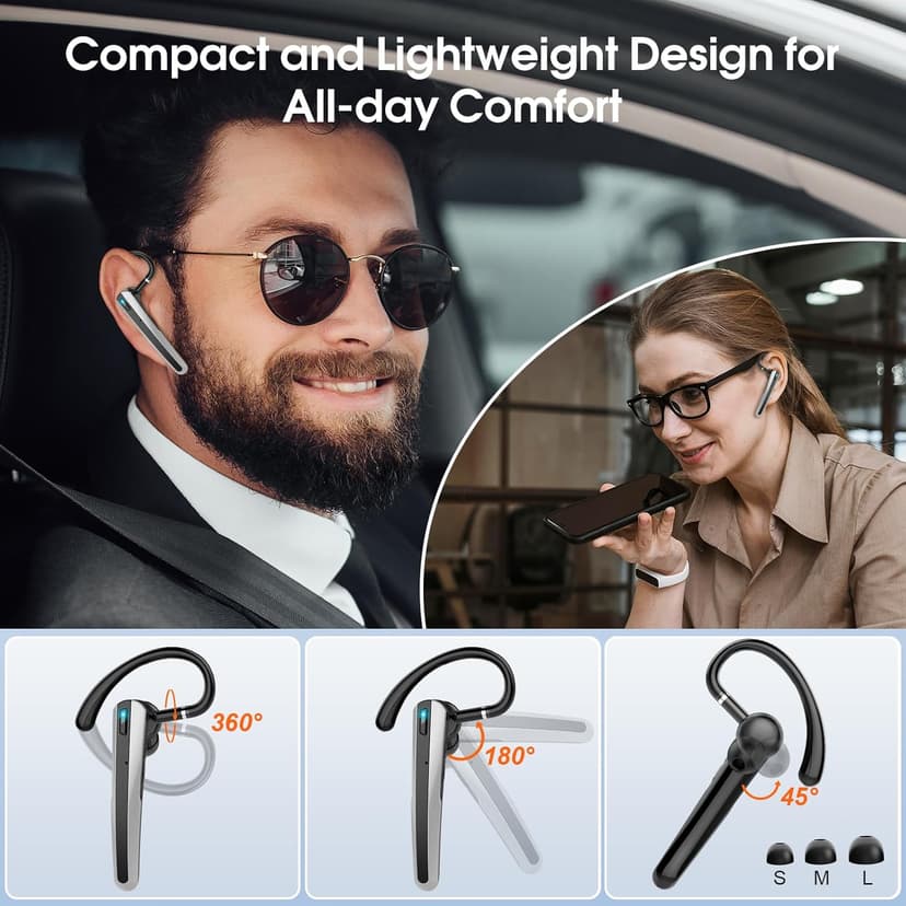 Bluetooth Headset V5.3, Wireless Headset with ENC Noise Canceling Mic, 120Hrs Talk Single-Ear Bluetooth Earpiece, LED Display, IP7 Waterproof Hand-Free Earphone for Business/Trucker/Driver