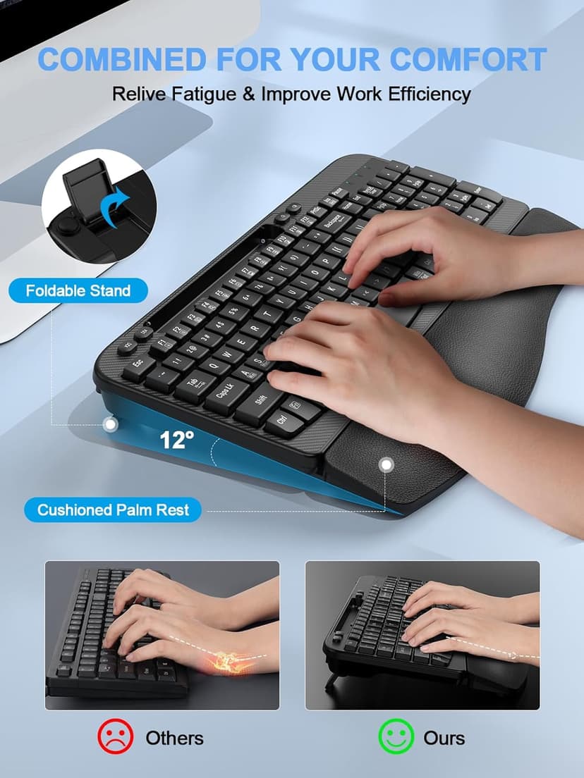 Ergonomic Wireless Keyboard with Cushioned Wrist Rest, Wave Keys, Phone Holder, Comfortable Natural Typing, 2.4GHz Full Size Silent Cordless USB Computer Keyboard for Laptop, Mac, Windows (Black)