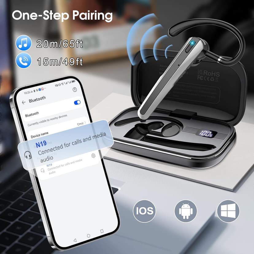 Bluetooth Headset V5.3, Wireless Headset with ENC Noise Canceling Mic, 120Hrs Talk Single-Ear Bluetooth Earpiece, LED Display, IP7 Waterproof Hand-Free Earphone for Business/Trucker/Driver