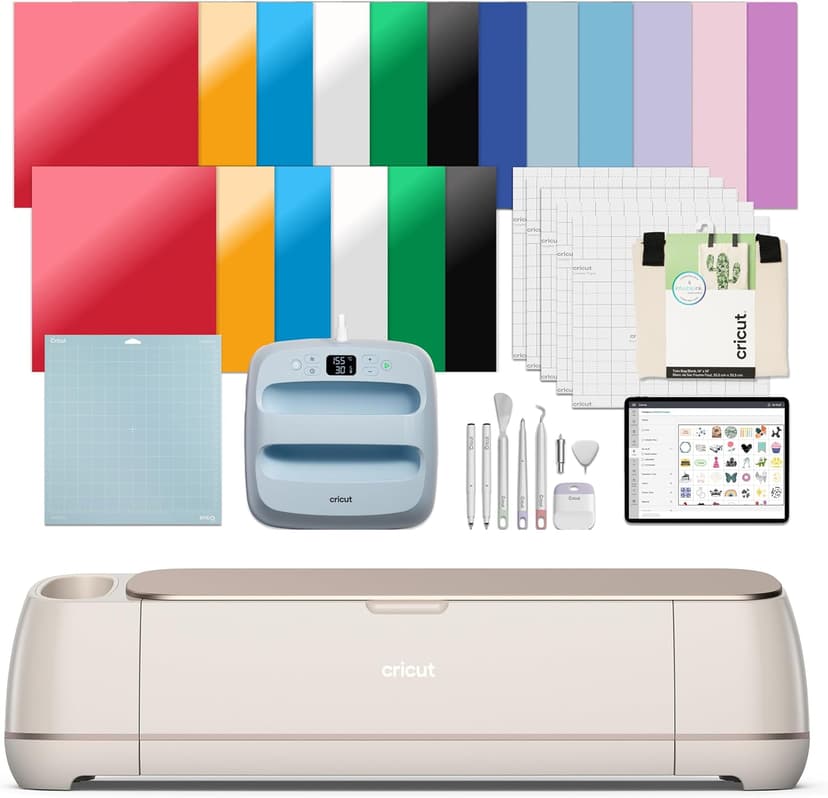 Cricut Maker 4 - Smart Cutting Machine (Seashell) | Engagement Plus Bundle - Includes EasyPress 3 Heat Press (9x9) + Mat, Tote Bag, Material Samplers, Machine Mat, Pens, Tools, & 25 Digital Images