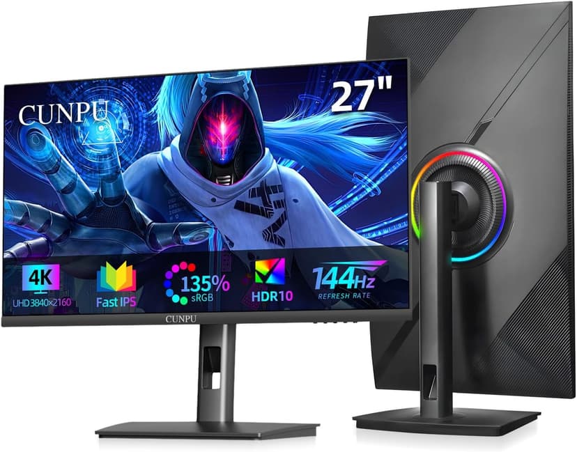 27 Inch 4K 144Hz Gaming Monitor, UHD 3840x2160 Fast IPS Panel PC Monitor, 135% sRGB, Freesync & G-sync, Support PS5 120Hz VRR, HDMI 2.1,DP 1.4, Height/Vertical Adjustment, Built-in Speaker