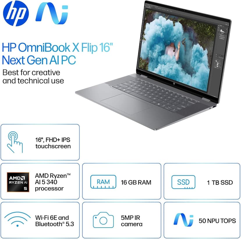 2025 HP OmniBook X Flip x360 2 in 1 Touchscreen Laptop (16" FHD+, AMD Ryzen AI 5 340 (> Intel i7-1355U), 16GB 7500 MT/s, 1TB SSD) AI Copilot+ PC for Creator, Designer, IR Webcam, Backlit, Win 11 Pro
