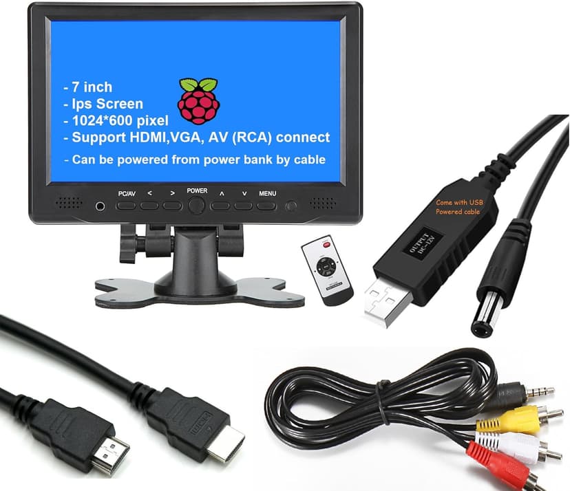 7 inch Small HDMI VGA AV RCA Monitor 1080P Second Screen for PC/Security System/Game Console; IPS 1024X600 Pixels; 60HZ; Built in Loud Speakers & Earphone Jack; 12V USB Power Cable for Portable Use