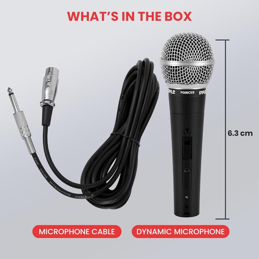 Pyle Professional Dynamic Vocal Microphone - Moving Coil Dynamic Cardioid Unidirectional Handheld Microphone with ON/OFF Switch Includes 15ft XLR Audio Cable to 1/4'' Audio Connection - PDMIC59