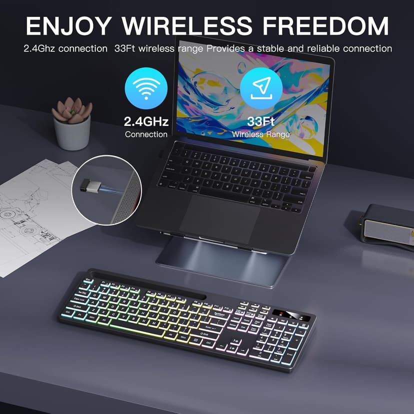 Wireless Keyboard with 7-Color RGB Backlit, Full-Size Computer Keyboard with Phone Tablet Holder, 2.4G Rechargeable Gaming Keyboard with Light Up Keys, Compatible with Mac, Windows (Black)