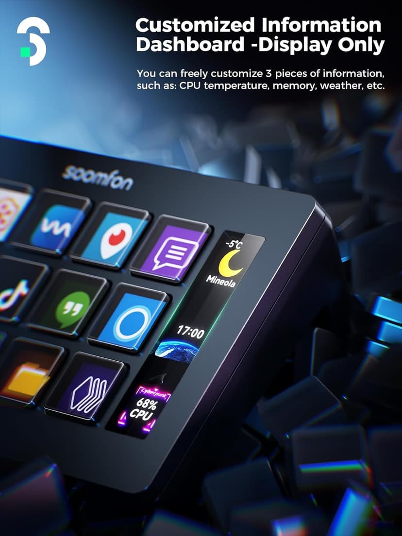 Stream Controller - SOOMFON Stream Control Deck with 15 LCD Macro Keys Customizable to Trigger Actions in OBS Twitch YouTube Compatible with PC & Mac for Content Creators Streaming Gaming