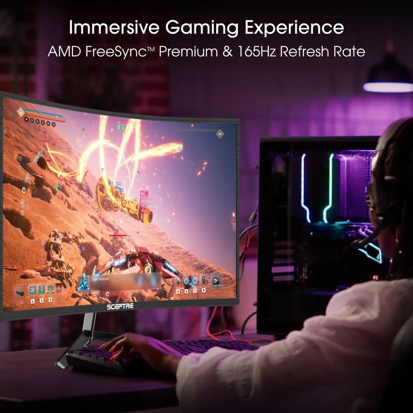 Sceptre 24-inch Curved Gaming Monitor 1080p up to 165Hz DisplayPort HDMI 99% sRGB, AMD FreeSync Build-in Speakers Machine Black (C248B-FWT168)