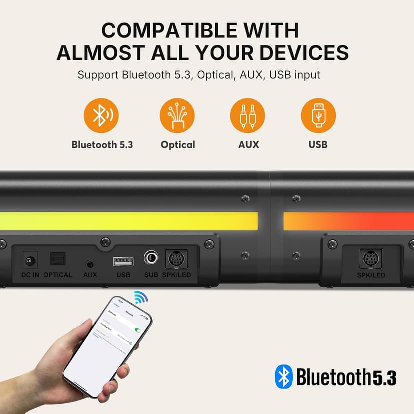 Wohome 2.1 Sound Bar for Smart TV with 5 Inches Wired Subwoofer, 140W, 2 in 1 Detachable Soundbar with RGB-IC Backlight, Bluetooth 5.3, Optical, AUX, USB Input, Bass Adjustable, Remote/Button Control