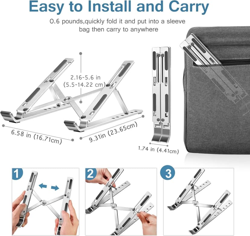 ivoler Laptop Stand, Laptop Holder Riser Computer Tablet Stand, 6 Angles Adjustable Aluminum Ergonomic Foldable Portable Desktop Holder Compatible with 10-15.6” MacBook,iPad, HP, Dell, Lenovo Silver