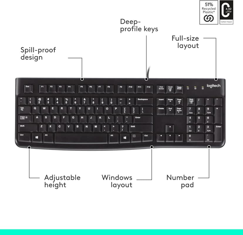 Logitech K120 Wired Keyboard for Windows, Plug and Play, Full-Size, Spill-Resistant, Curved Space Bar, Compatible with PC, Laptop - Black