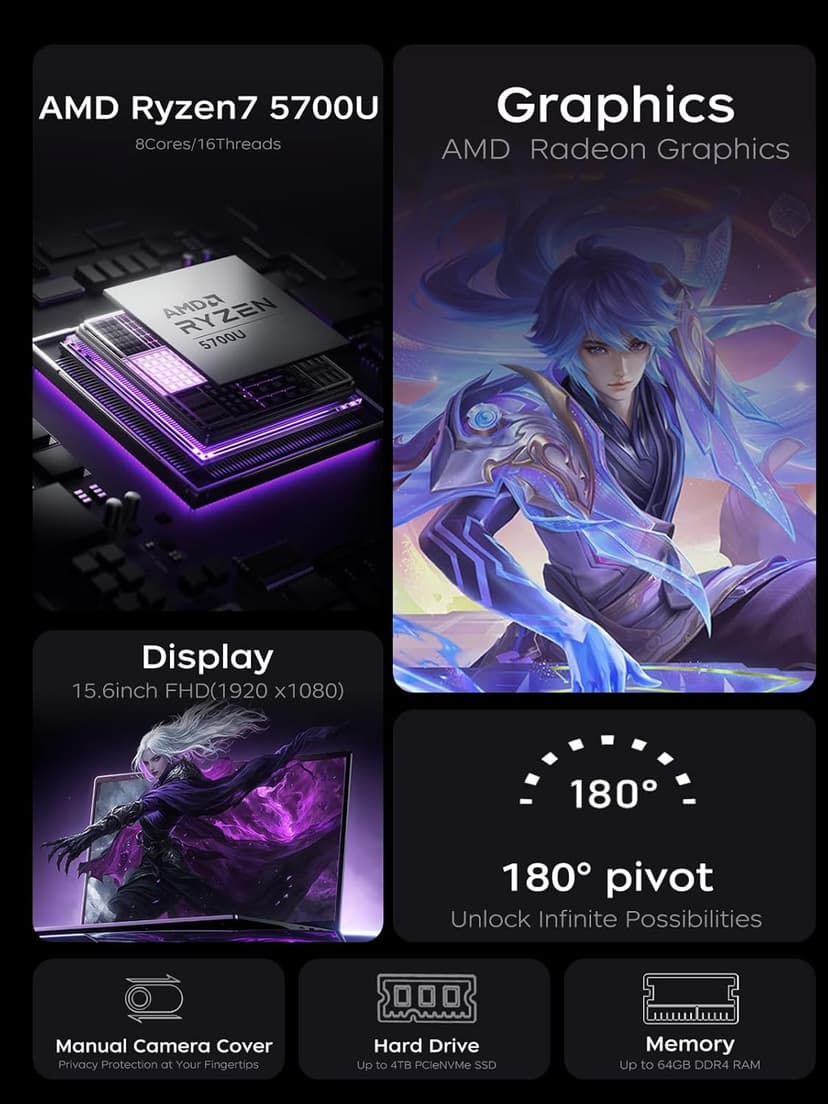 Laptop Computer,15.6'' FHD Display Laptop with AMD Ryzen 7 5700U Processor(8C/16T,Up to 4.3Hz), 16GB DDR4x2 512GB SSD Notebook Computer with Numeric Keyboard, WIFI6