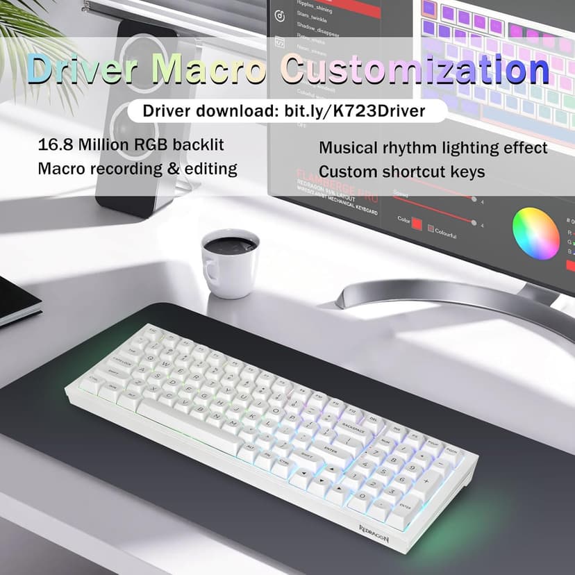 Redragon K723 Wireless Mechanical Gaming Keyboard Creamy, Hot Swappable Pre-lubed Linear Switches, Gasket Structure, Tri-Mode BT5.0/2.4GHz/USB-C, RGB Backlit, Custom for PC/Mac/PS/Xbox, White